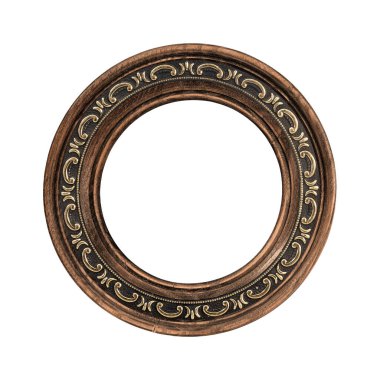 Tablolar, aynalar veya beyaz arkaplanda izole edilmiş fotoğraf için ahşap yuvarlak çerçeve