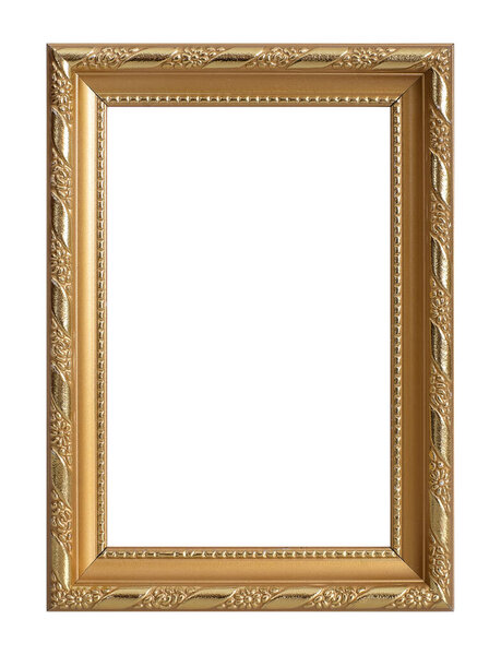 Золотая рамка для картин, зеркал или фотографий на белом фоне. Элемент дизайна с траекторией обрезки