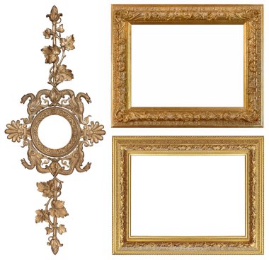 Beyaz arkaplanda izole edilmiş resimler, aynalar veya fotoğraf için altın çerçeveler