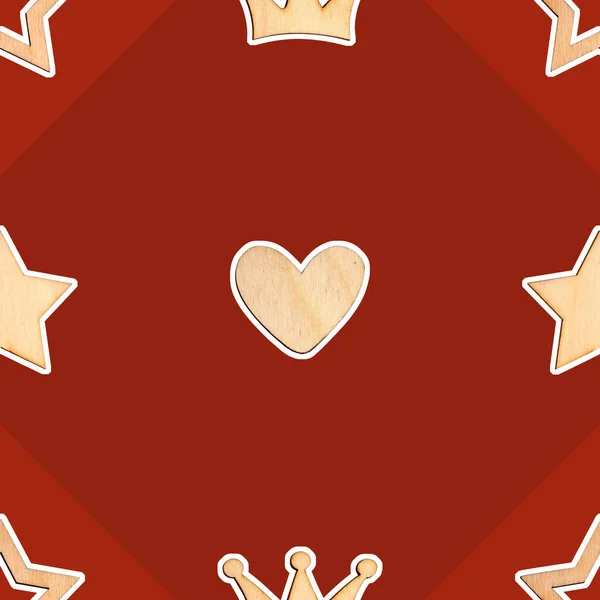 Бесшовный Рождественский Узор Деревянная Звезда Корона Сердце Красном Фоне — стоковое фото