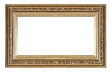 Beyaz arkaplanda izole edilmiş resimler, aynalar veya fotoğraf için panoramik altın çerçeve