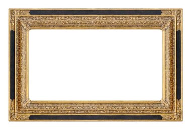 Beyaz arkaplanda izole edilmiş resimler, aynalar veya fotoğraf için panoramik altın çerçeve
