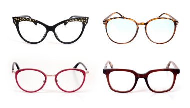 Bir portre üzerine başvurmak için beyaz arkaplanda izole edilmiş gözlük seti