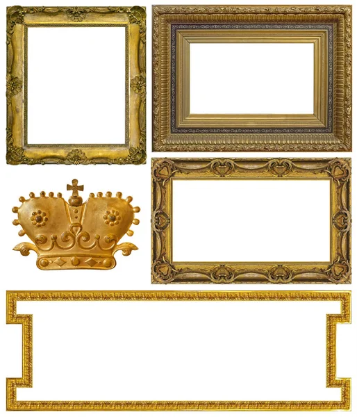 Set Golden Frames Paintings Mirrors Photo Isolated White Background — Stock Photo, Image