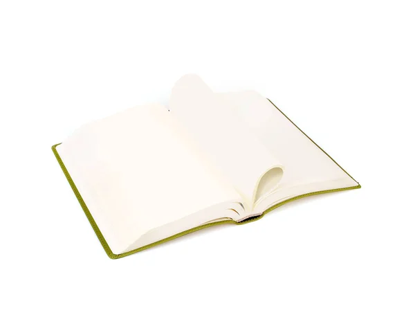 Livro Aberto Capa Verde Com Folhas Branco Isoladas Fundo Branco — Fotografia de Stock