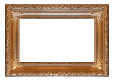 Beyaz arkaplanda izole edilmiş resimler, aynalar veya fotoğraf için panoramik altın çerçeve