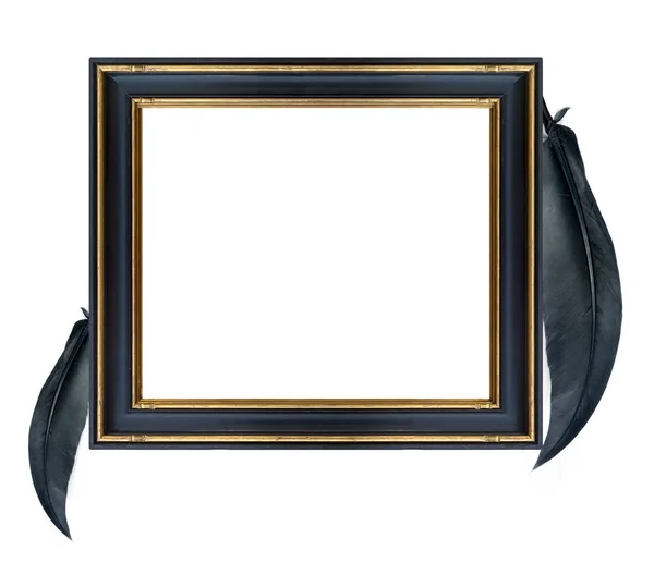 Wooden Frame Black Mourning Feathers Mirrors Photo Isolated White Background — Stock Photo, Image