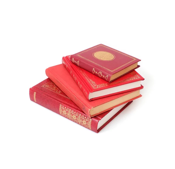 Куча Книг Красных Чехлах Белыми Простынями Белом Фоне — стоковое фото