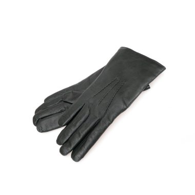 Beyaz arka planda izole edilmiş hakiki deriden yapılmış yeşil kadın eldivenleri.