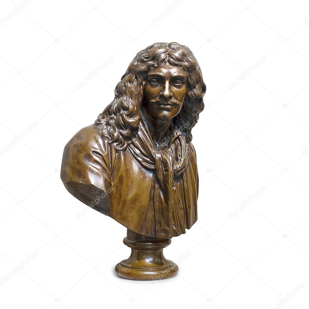 Bronze portrait of the French actor and playwright Moliere (1622-1673) isolated on white background