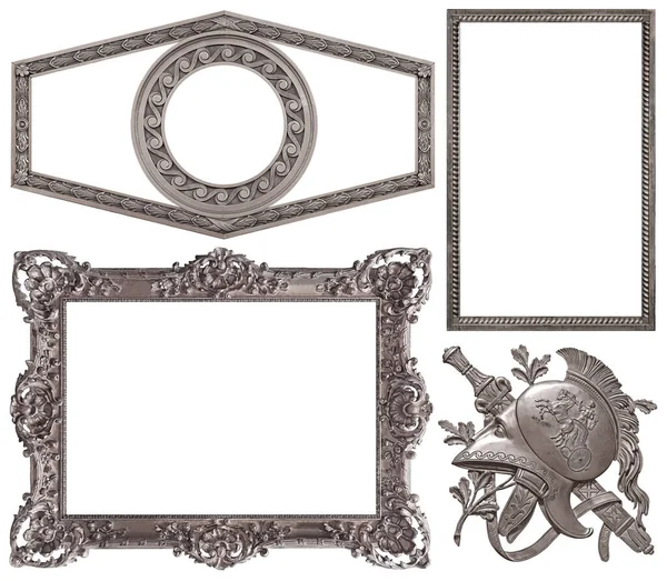 一套银框 用于在白色背景下隔离的绘画 镜子或照片 — 图库照片