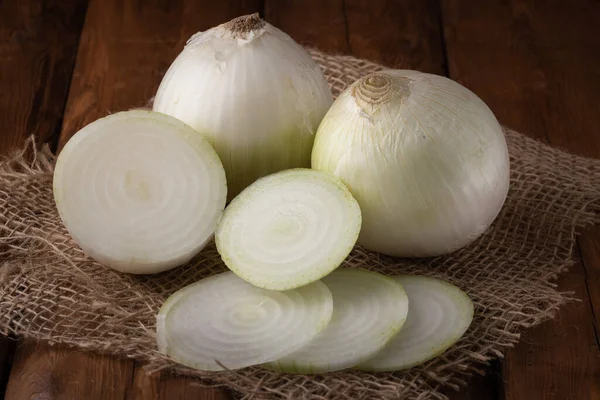 Vegetales Ecológicos Cebolla Blanca Dulce Fresca Sobre Fondo Madera Comida —  Fotos de Stock