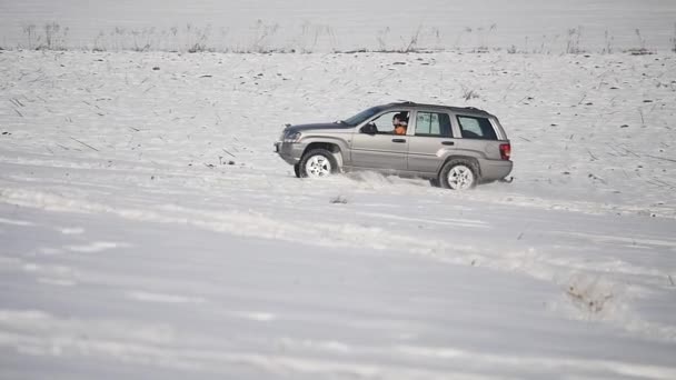 Скользящий автомобиль в снегу — стоковое видео
