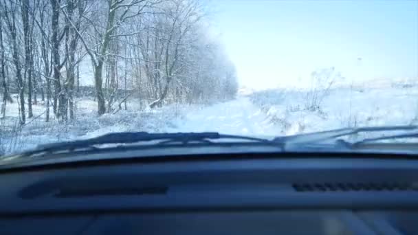 21.01.2018、チェルニウツィー, ウクライナ - 凍った道路で車を運転します。危険な道路。冬景色 — ストック動画