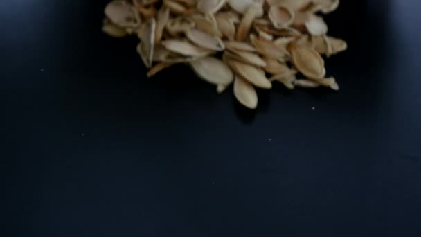 Mano recoge cáscara de semillas de calabaza sobre fondo oscuro — Vídeos de Stock