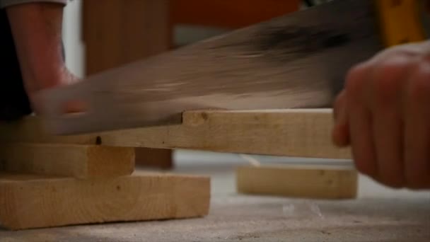 Працівник розпилював дерев'яну ручну пилку — стокове відео