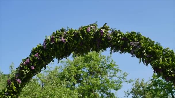 空を背景にライラックの花の結婚式のアーチ — ストック動画