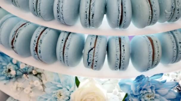 Kék torony Macarons. Francia desszertek, édességek, candy. Candy bar — Stock videók