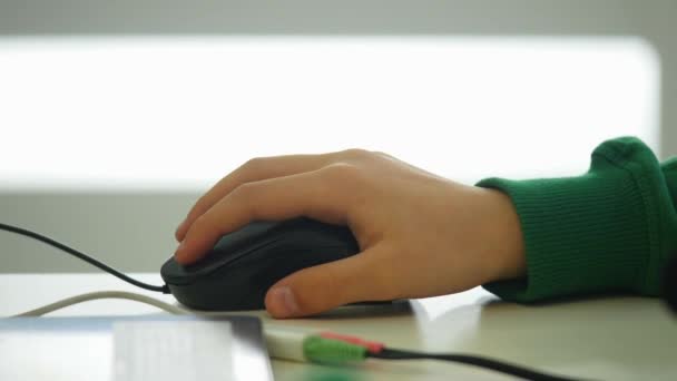 The boys hand uses a computer mouse close-up — Stock Video