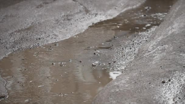 Медленное движение, закрытие вверх: мутная вода брызгает по асфальтированной дороге, как автомобиль едет в лужу. Бурые жидкие спреи через чёрную улицу — стоковое видео