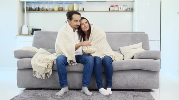 男と彼の妻は毛布で覆われたソファに座ってください — ストック動画