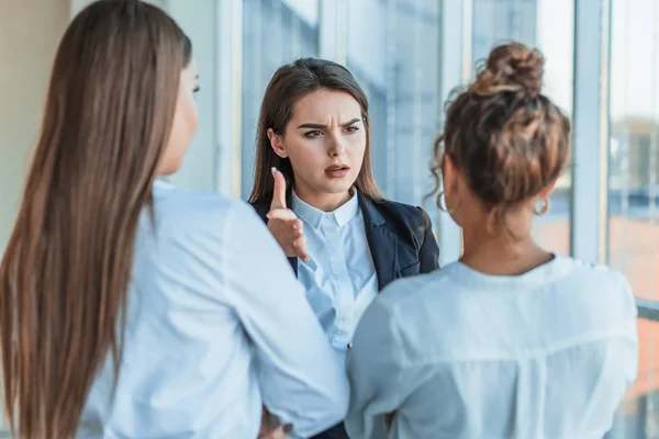 Trois belles jeunes femmes d'affaires. Parle à des collègues avec une copie de l'espace sur le fond de ses collègues — Photo