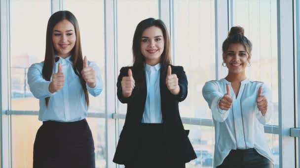 Tres chicas de negocios jóvenes en la oficina . — Vídeo de stock