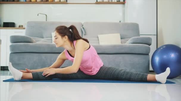 Girl Has Wonderful Stretch Her Legs Enjoy Process Home — Stock Video