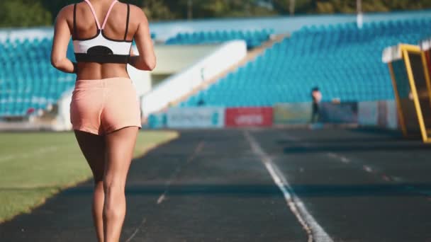 A menina regularmente esportes. Durante isto, corre todas as manhãs. Tem um corpo desportivo . — Vídeo de Stock