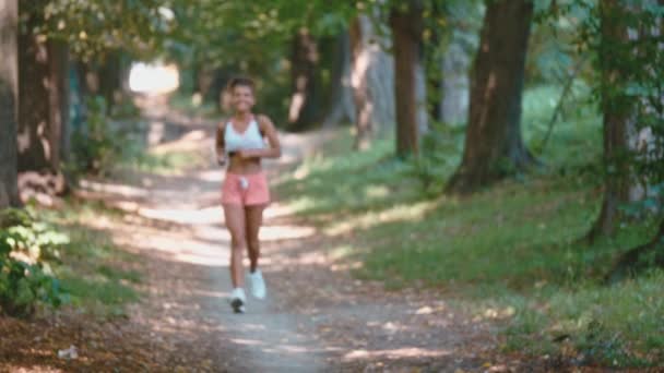 実行している若い女性。夏の公園の道路を介して実行している女性ランナー。公園でエクササイズ。フィットの美しい少女. — ストック動画