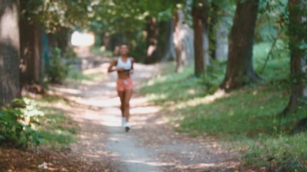 Jovencita corriendo. Una corredora corriendo por la carretera del parque de verano. Entrenamiento en un parque. Hermoso ajuste Chica . — Vídeos de Stock