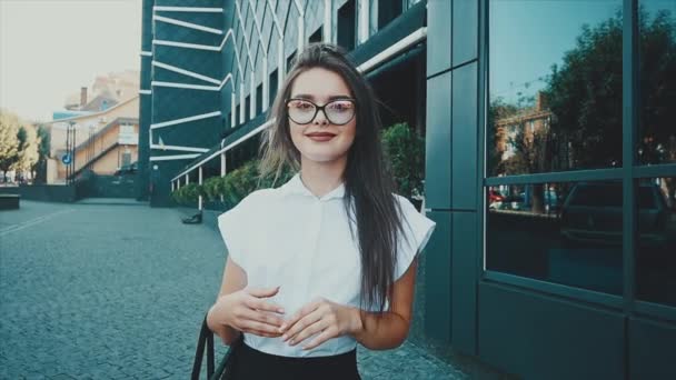 A girl in the business district of the city goes to a business partner meeting. Young woman in business clothes. Business style. — Stock Video