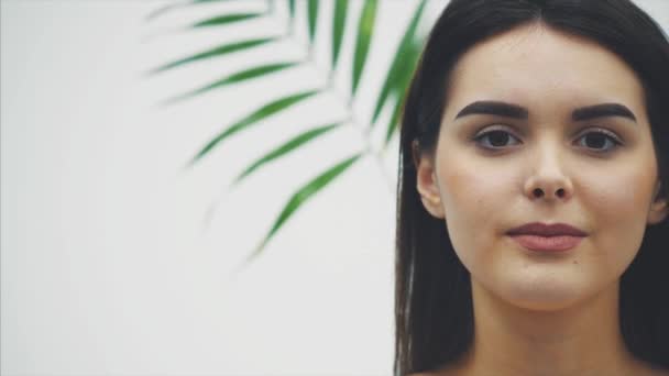 Hermosa mujer joven con piel perfecta y maquillaje natural posando frente a una planta. Hojas verdes tropicales de fondo con helecho. SPA, bienestar, cuidado corporal y cuidado de la piel . — Vídeo de stock