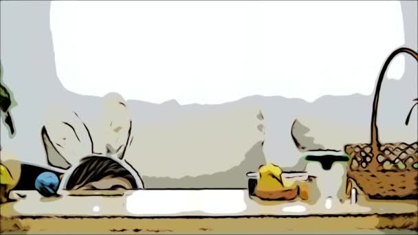 Bedårande pojke gömmer sig under bordet fullt av påskpynt och spelar med påskharen i handen. Bunny teater. — Stockvideo