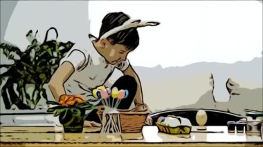 Küçük güzel çocuk kanepede yatıyordu ama bir Paskalya yumurta boyamak karar verdi. Çocuk Paskalya süsleri ile masada oturur ve tablo Easter Yumurta.