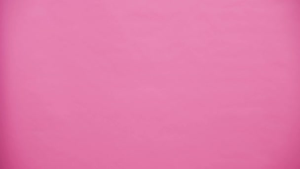 Una joven pareja de amantes aparece en el fondo rosa, reproduciendo caballos de liebres. Con las orejas de un conejo rosa en la cabeza. Concepto de Pascua. Vídeo lento . — Vídeos de Stock