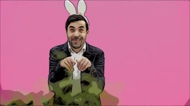 Genç pembe bir arka plan üzerinde duran çift. Bu süre içinde onlar oltaya giyindin. Birbirine bakarak, konuşmaya ve gülümseyen ve öpüşme. Mutlu. Paskalya kavramı