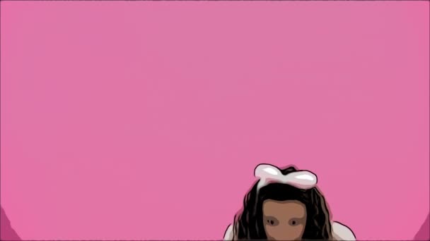 Vacker ung flicka stående på en rosa bakgrund. Under detta finns det öron av kaniner på huvudet. Utför kanin rytmiska hopp. Har vackra svarta långa hår. — Stockvideo