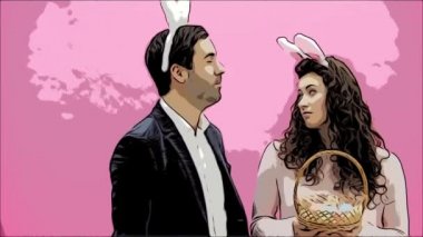 Genç pembe bir arka plan üzerinde ayakta duran çift. Kafasına bir tavşan kulakları ile. Bu adam sırasında eşi bir sepet renkli yumurta verir. Paskalya kavramı. Animasyon