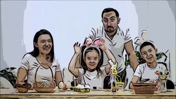 Família feliz e alegre: mãe, pai e dois filhos estão sorrindo amplamente e compartilham suas emoções positivas no fundo branco. Conceito de Páscoa. Vídeo animado. Capturas . — Vídeo de Stock