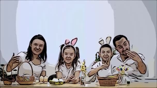 快乐开朗的家庭: 母亲、父亲和两个孩子面带微笑, 在白色背景下分享他们的积极情绪。家人亲切地邀请花有趣的时间与他们展示一个手势 — 图库视频影像
