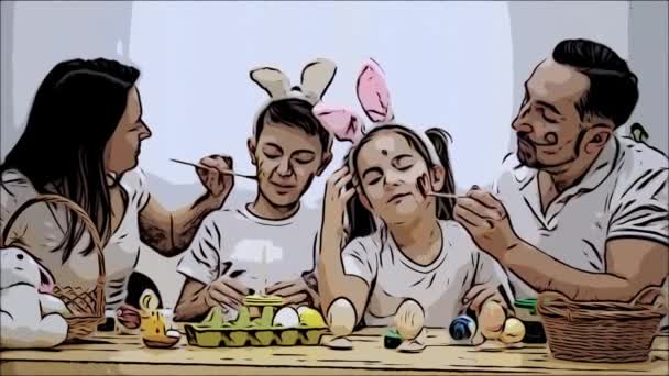 Parents with their smily and cute kids, are colourizing each other, sitting at the wooden table, full of Easter decorations. Father is painting a red heart on daughters cheek, mother is painting with — Stock Video