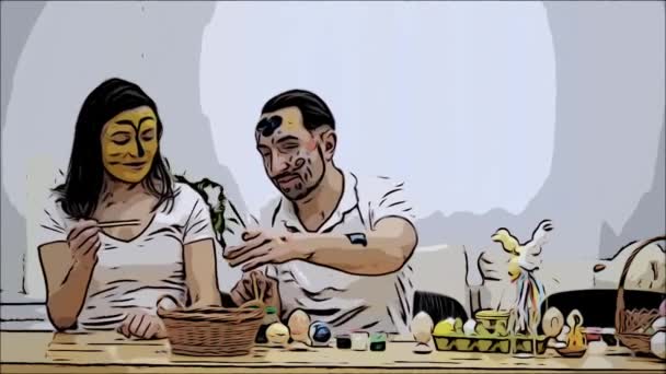 귀여운 커플 부활절 페인트 브러시의 도움으로 서로 다른 색을 입히는. 갑자기, 그들은 그 그들을 보고 했다 것으로 나타났습니다. 그들은 부활절 달걀, 그것이 모든 시간 처럼 페인트를 시작 합니다. 애니메이션된 비디오입니다. Scatch — 비디오