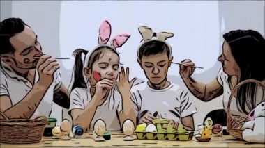 Gülen ve sevimli çocukları, ailesiyle her diğer, ahşap tablo Easter süslemeleri tam oturan colourizing. Babası kızı yanağına kırmızı bir kalp resim, annesi ile boyama