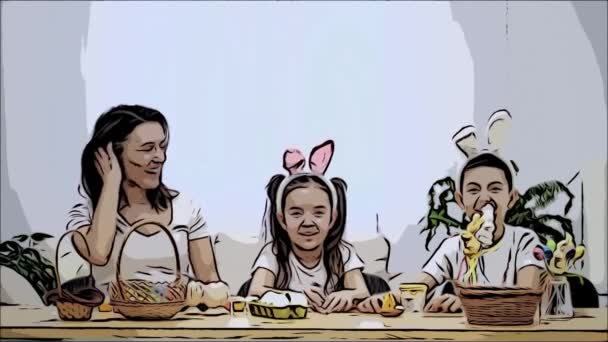 Мати, з її діти: доньку та сина, хто носить кролик вуха і торкаючись до них, сміючись щиро, сидячи за святковим столом з кошиком, білий і жовтий кроликів. Анімаційне відео — стокове відео