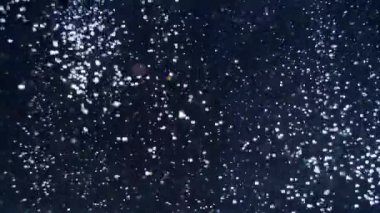 Pırıl pırıl koyu arka plan aniden yukarıdan düşen çok sayıda beyaz kartopu bokeh ışıkları ile doldurulur.