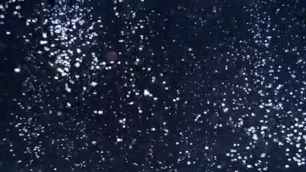 Glittering dark background suddenly filled out by numerous white snowball bokeh lights falling from above. — Stock Video