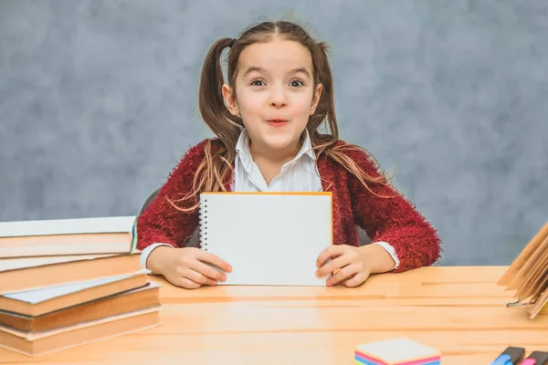 Una scolaretta con uno sfondo grigio. Carta conduttrice con un foglio pulito. Una ragazza intelligente guarda la telecamera . — Foto Stock