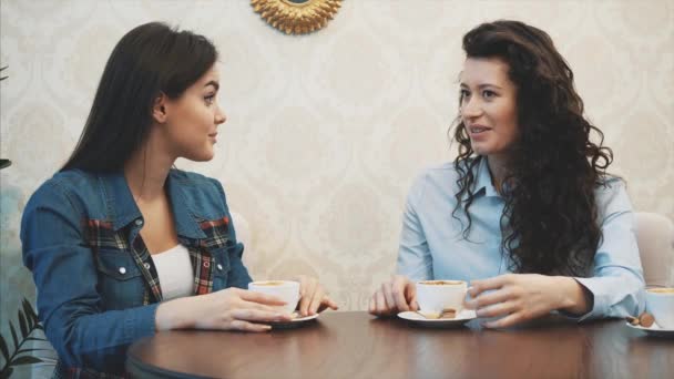 3人の若い女の子が喫茶店に座って話をする。この間、カプチーノをお楽しみください。一緒に時間を過ごすことを幸せに. — ストック動画