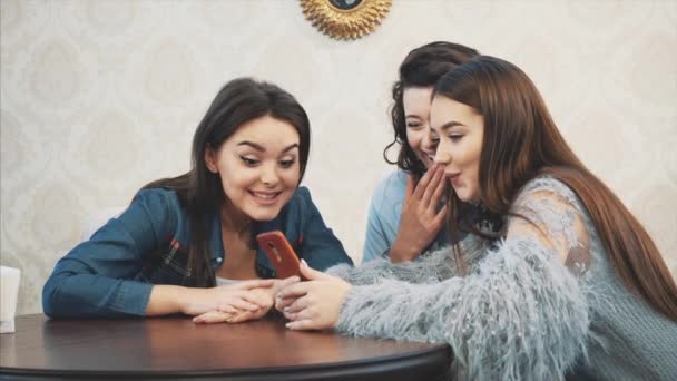 Onnellinen monipuolinen ystävät käyttävät puhelinta yhdessä kahvilassa lounaalla. Tarkastellaan älypuhelimen näytön. Naurava mies näyttää hauskaa videota sosiaalisessa verkostossa. Online vitsi kollegoille kokouksessa. hauskaa . — kuvapankkivideo